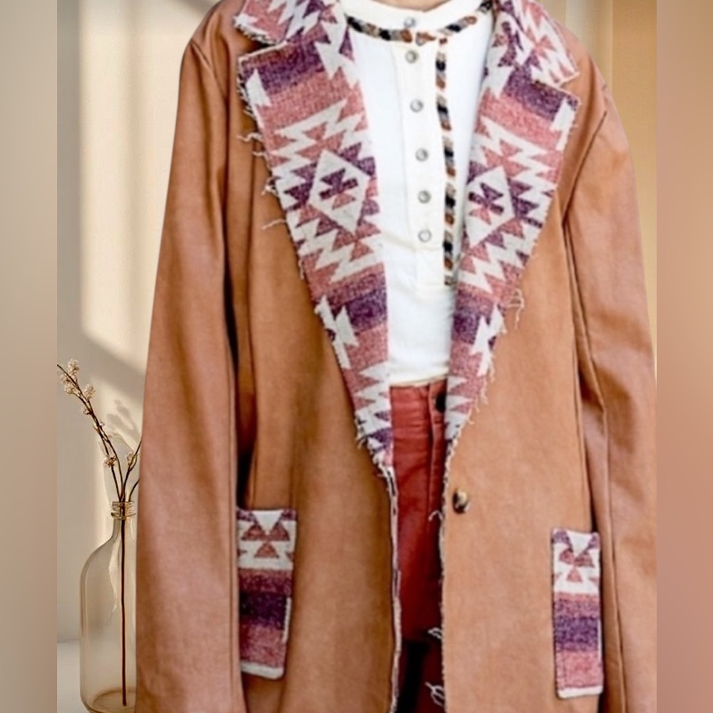 SOLD OUT POL Western Aztec Brown Vegan Suede Jacket | Southwestern Boho Coat - Picture 3 of 6